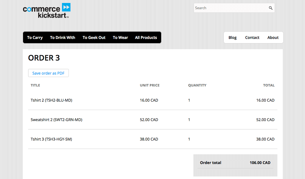 Commerce Order page with button
